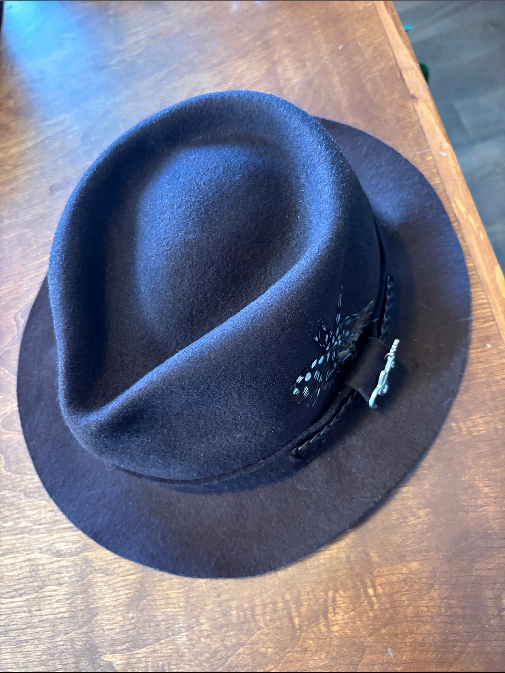 Men's chocolate brown wool Fedora Hat with Feather Accent